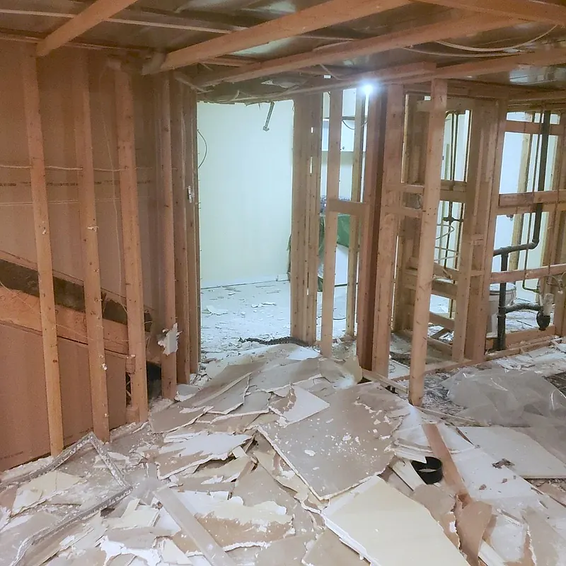 Basement with drywall stripped off the stud walls and broken board on the floor